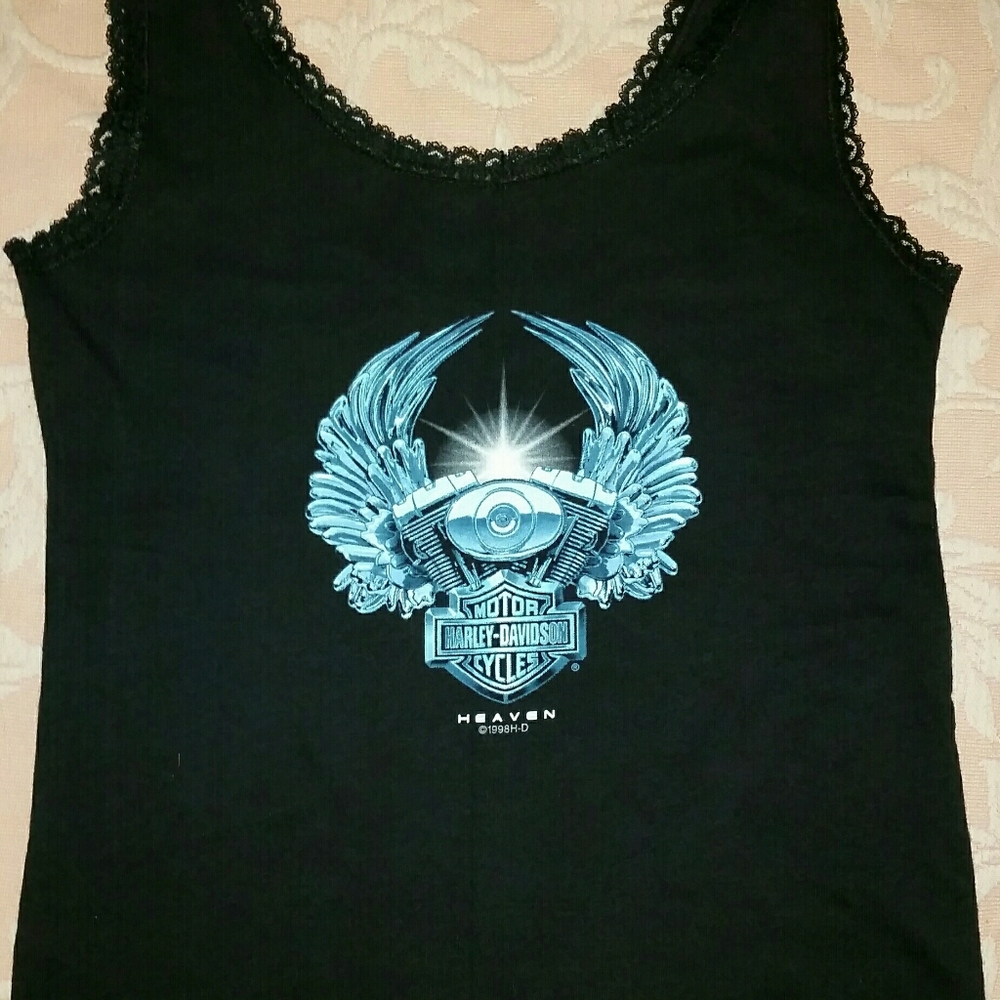 Vtg 90s Harley Davidson Heaven Black Lace Tank Top